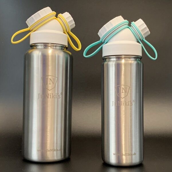 JN JuNiki's Set: 2 JuNiki´s® eco line isolierte Edelstahl Trinkflaschen mit 550ml + 1 Liter mit Deckelhaltern in Türkis ...