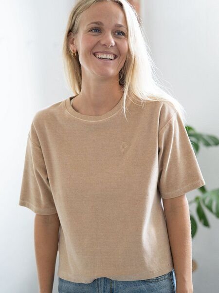 FUXBAU Frauen Cropped Samt T-Shirt - beige gelb geriffelt