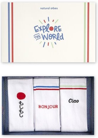 Natural Vibes 3-Pack Passport Bio GOTS | Geschenkset | Bunte Tennissocken | Herren Damen Socken |