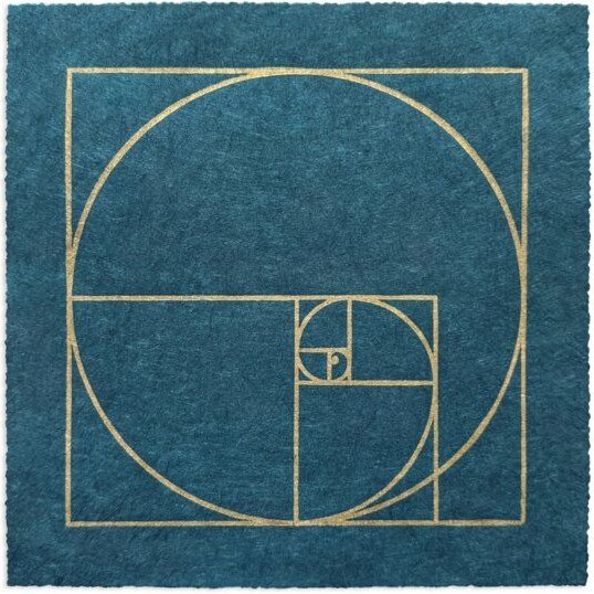 Thumbnail - Veskor Cassiopeia FIBONACCI SEQUENZ Heilige Geometrie Linoldruck | 22 × 22 cm | Gold auf Petrol-Blau