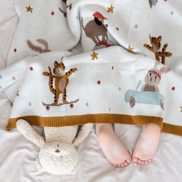 nidito Bio Babydecke Baumwolle Zirkus Hund Katze Hase - 80x100 cm - 100% Bio-Baumwolle - Beige Blau Rot Gelb