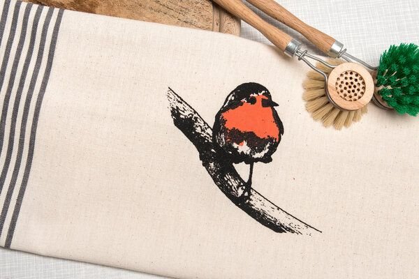 Hirschkind Bio- & Fair-Trade - Geschirrtuch 'Rotkehlchen' naturfarben
