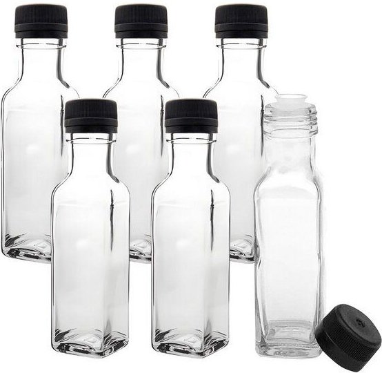 mikken 6er Set Ölflaschen 100 ml - 500 ml mit Ausgießer transparente Glasflasche mit Dosierer Dosierflasche inkl. 6 Etik...