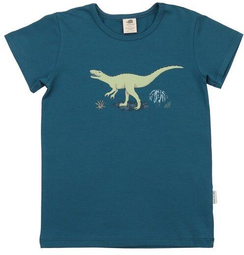 Kinder T-Shirt GOTS-zertifiziert aus Bio-Baumwolle, petrolblau mit laufendem Dinosaurier-Motiv, kurzarm – Walkiddy, weic...