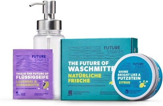 FUTURE STORIES Essentials Set: Waschmittelstreifen, Handseife, Putzstein & Pumpspender
