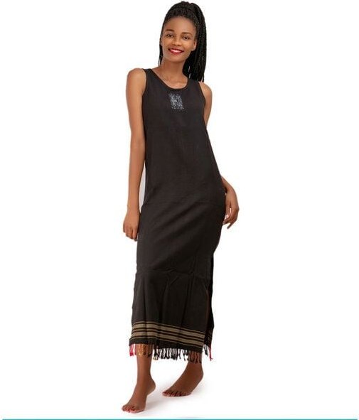 Africulture Kikoy Sommerkleid lang, Strandkleid "Mwezi" mit Afrikanischem Stickmuster, made in Kenia
