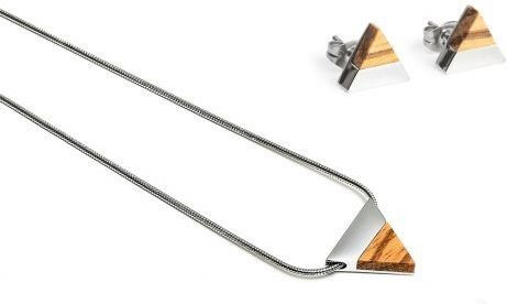 BeWooden Dreieckiger Set - Ohrringe & Kette mit Anhänger - Holz und Edelstahl Kombination - Verschiedene Farbvarianten