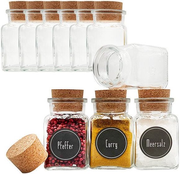 Thumbnail - mikken 10 Gewürzgläser eckig 150 ml mit Gewürzetiketten - Gewürzdosen aus Glas