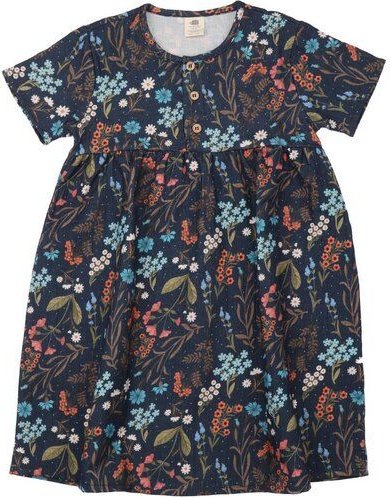Kinder Kleid GOTS zertifiziert Bio-Baumwolle, Dunkelblau, Blumenmuster, Knopfleiste, Walkiddy
