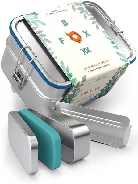 ÖKO Edelstahl Brotdose FOXBOXX MULTI - 2 Ebenen + Trenner + Snackbox 150ml