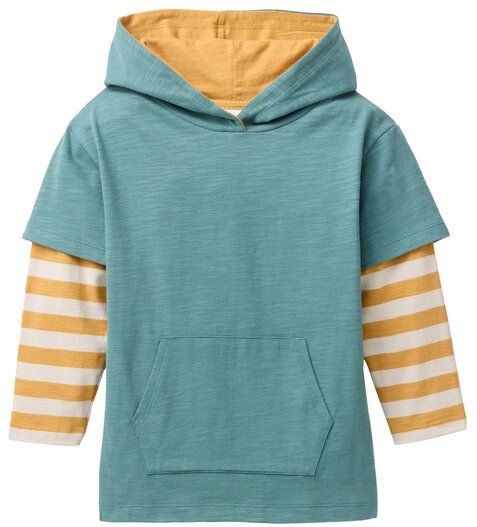 People Wear Organic Langarm Shirt mit Kapuze, grün uni und gelb geringelt, Bio-Baumwolle