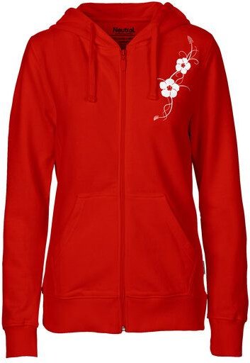 HANDGEDRUCKT "Hibisken" Frauen Zip-HOODY aus reiner Biobaumwolle (kbA)