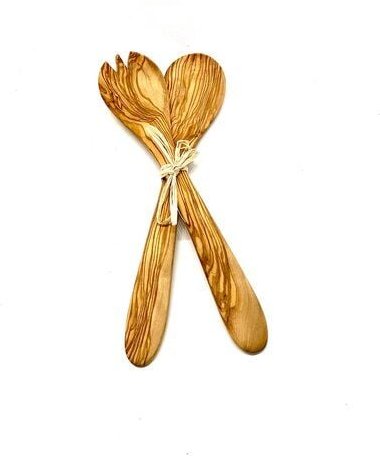 Thumbnail - Olivenholz erleben Salatbesteck mit Bastband gebunden aus Olivenholz