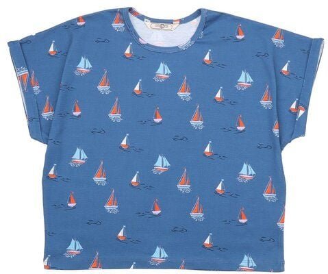 Cotokids Kinder T-Shirt GOTS-zertifiziert aus Bio-Baumwolle, blau mit Segelboot-Allover – Walkiddy, weich, hautfreundlic...