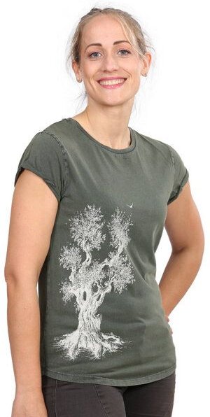 Life-Tree Organic Fairwear Shirt Women "Olive Tree" in Washed Blue/Green