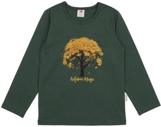 Kinder Langarmshirt GOTS zertifiziert, dunkelgrün, „Autumn Leaves“ Frontprint, Bio-Baumwolle, weich – Walkiddy