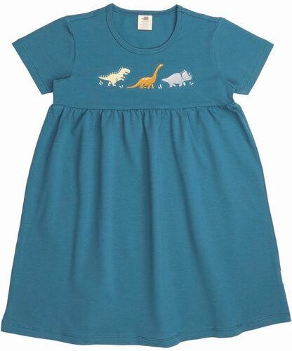 Kinder Babydoll Kleid GOTS-zertifiziert aus Bio-Baumwolle petrol mit Dinosaurier-Motiv – Walkiddy