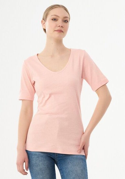 ORGANICATION Geripptes T-Shirt aus Bio-Baumwolle mit V-Ausschnitt