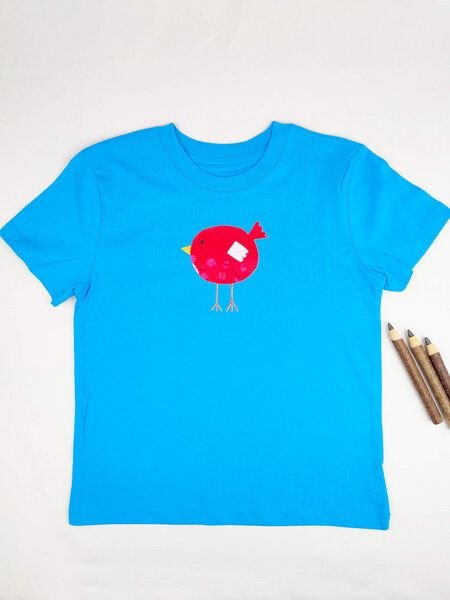 Meladi Kinder Shirt aus Biobaumwolle - Roter Vogel auf Aqua Blue
