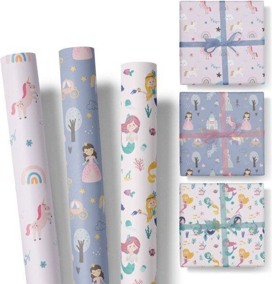 Fines Papeterie 3x 3m Geschenkpapier Set für Kinder * MÄRCHEN * SET 3 * mit Prinzessin, Meerjungfrau, Einhorn * 3 Rollen...