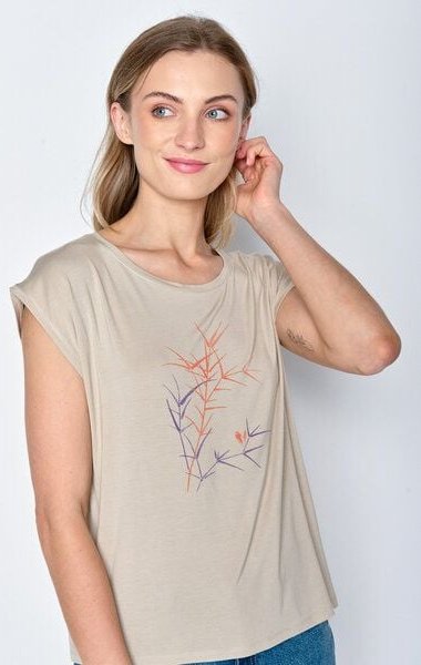 GREENBOMB Nature Bird Reed Timid - Lässiges Shirt aus LENZING TENCEL Mix / hochwertiger Print / Fair & Vegan
