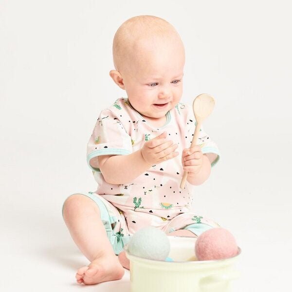 Cheeky Apple Kurzarm-Strampler aus Bio-Baumwolle "Alpakas" Rosa/Türkis