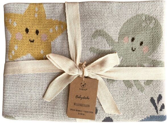 nidito Bio Babydecke Baumwolle Meer-Freunde - 80x100 cm - 100% Bio-Baumwolle - Beige Grau Mint