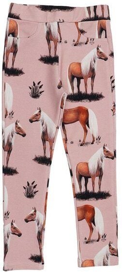 Thumbnail - Kinder Sweat-Leggings GOTS-zertifiziert aus Bio-Baumwolle, rosé mit Pferde-Print, elastischer Bund – Walkiddy, weich & b...