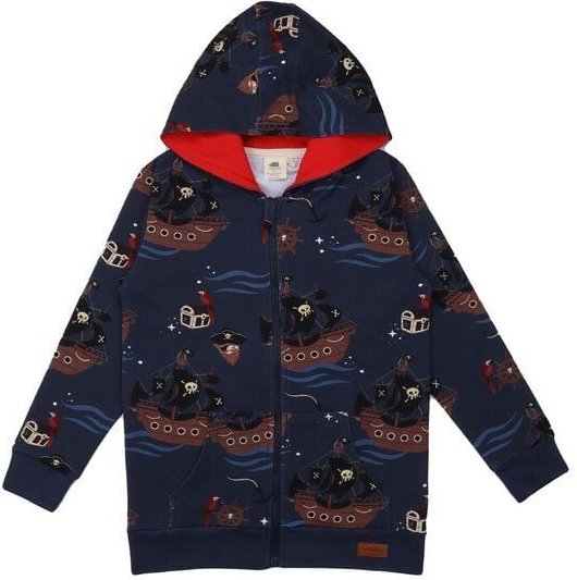 Kinder Sweatjacke GOTS zertifiziert Bio-Baumwolle Dunkelblau Kapuze Allover-Print „Pirate Ships“ – Walkiddy
