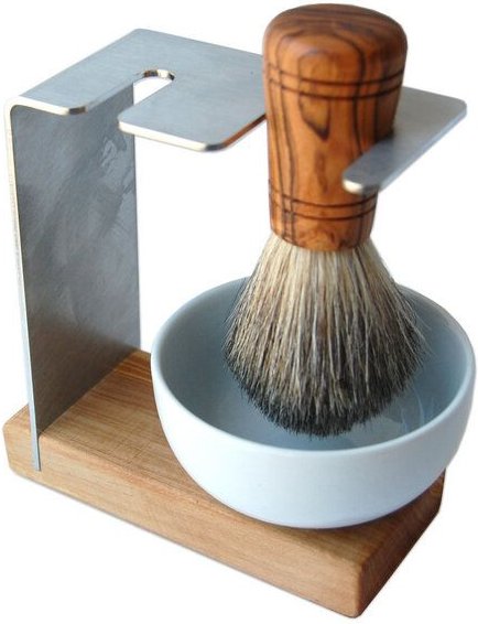 Olivenholz erleben Rasierständer/-halter SYLT mit Rasierpinsel Sir George vegan aus Olivenholz