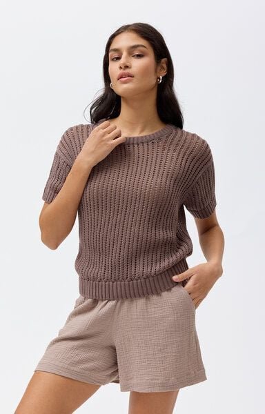 People Wear Organic Ajour Kurzarm Pullover, braun uni, Bio-Baumwolle