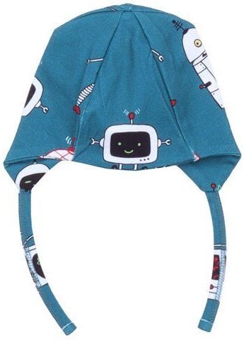 Baby Mütze GOTS zertifiziert, Bio-Baumwolle, blau, Tier-Muster, Bindebänder, weich & bequem – Walkiddy