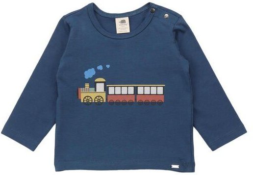 Kinder Langarmshirt GOTS zertifiziert, blau, „Tiny Trains“ Zug-Print, Bio-Baumwolle, weich – Walkiddy