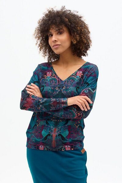 Bluse Saja Longsleeve – Viskose farbenfroher KOKOworld Print weiter Schnitt V-Ausschnitt – perfekt für Yoga – Fair produ...