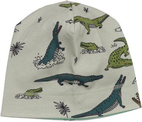 Kleinkinder Beanie GOTS zertifiziert, Bio-Baumwolle, grau, Krokodil-Print, weich & elastisch – Walkiddy