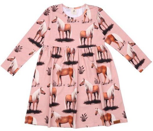 Nachhaltiges Rosa Langarmkleid Beauty Horses - Öko-Bewusste Mode von Walkiddy – GOTS zertifiziert