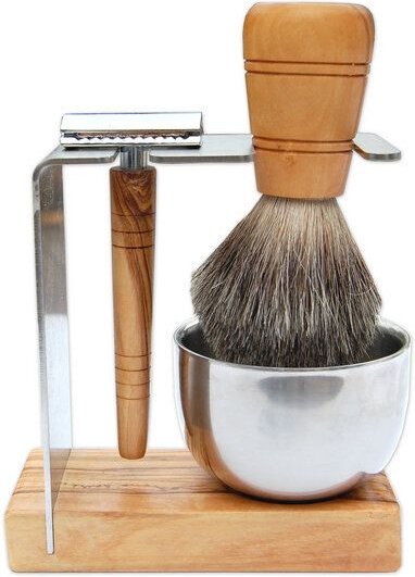 Olivenholz erleben Rasierständer/-halter SYLT PLUS mit Metalltiegel für Rasierhobel & Pinsel