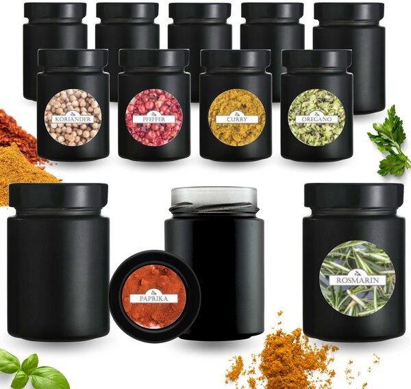 mikken 12 Gewürzgläser 190 ml schwarz mit Deckel und 24 Gewürzetiketten