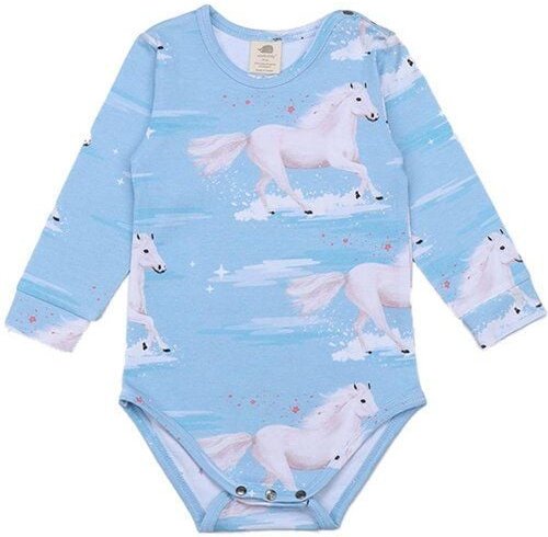 Nachhaltiger Walkiddy Langarm Body - White Horses Blau - Öko-Babymode – GOTS zertifiziert