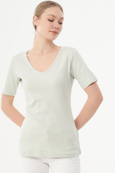 ORGANICATION Geripptes T-Shirt aus Bio-Baumwolle mit V-Ausschnitt