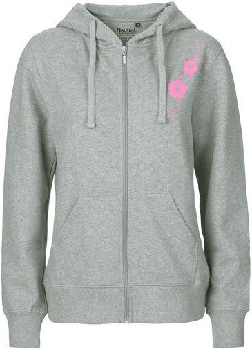 HANDGEDRUCKT "Hibisken" Frauen Zip-HOODY aus reiner Biobaumwolle (kbA)