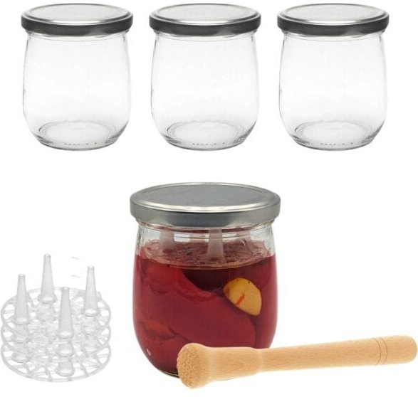 mikken Fermentier Set - 4 Einmachgläser 415 ml mit Fermentier Gitter, Holzstößel und Deckel (PVC-frei)