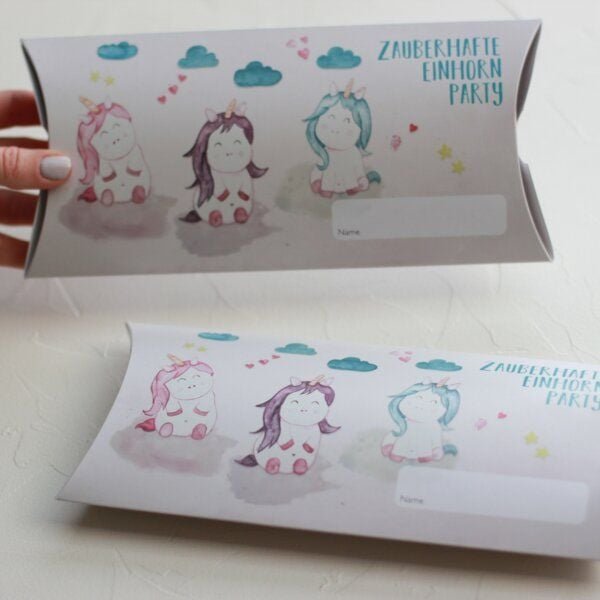 Fines Papeterie 5 Geschenkschachteln EINHORN * Kissenschachteln * Verpackungen für Kinder * Kindergeburtstag * Gastgesch...