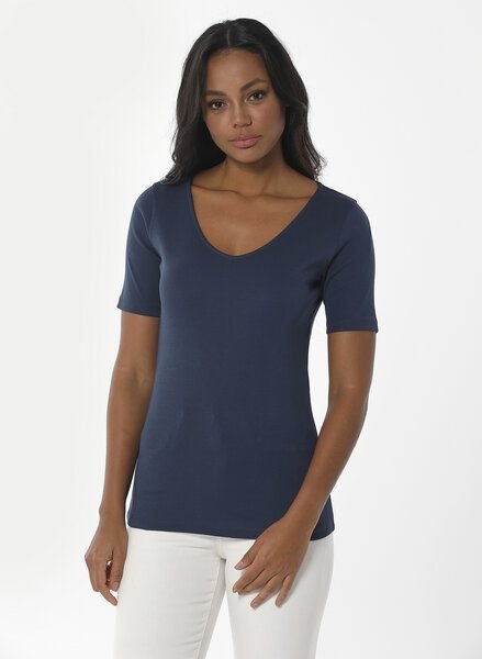 ORGANICATION Geripptes T-Shirt aus Bio-Baumwolle mit V-Ausschnitt