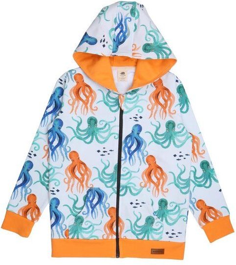 Kinder Kapuzenjacke GOTS zertifiziert, 95% Bio-Baumwolle, weiß/orange, Oktopus-Muster, Reißverschluss – Walkiddy
