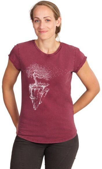 Life-Tree Shirt aus Biobaumwolle Fairwear für Damen "Maple Island" in Washed Green/Washed Blue/Washed Red
