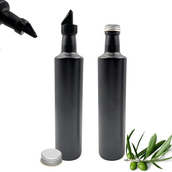 mikken Ölflasche 250 ml | 500 ml matt schwarz runde Dosierflasche mit Ausgießer + Schraubdeckel und Etiketten