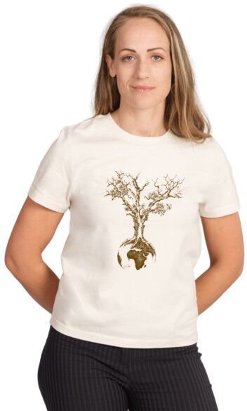 Life-Tree Shirt aus Biobaumwolle Fairwear für Damen "Weltenbaum" in Burgundy Rot/Natural Weiß