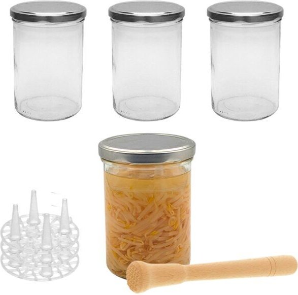 mikken Fermentier Set - 4 x Fermentierglas mit Fermentier Gitter, Holzstößel und Deckel PVC-frei