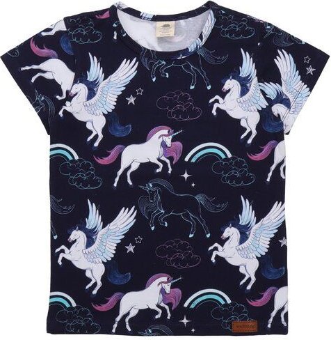 Kinder T-Shirt GOTS zertifiziert, 95% Bio-Baumwolle, dunkelblau, Einhorn-Pegasus-Muster, weich – Walkiddy